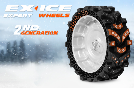Широкие безвоздушные шины EX‑ICE WHEELS второго поколения обладают улучшенными тяговыми и сцепными характеристики. • Сотовая структура и ребра жесткости. • Новый дизайн протектора с ламелями для лучшего отвода снега и воды. •10 рядов металлических шипов для надежного сцепления на обледенелой поверхности.