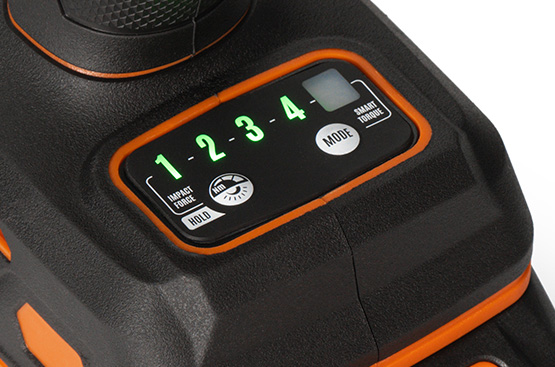 Гайковерт обладает 4 интеллектуальными режимами работы: «1 AUTO» Автоматическая остановка. При закручивании - остановка при появлении нагрузки. При откручивании – остановка при прекращении нагрузки. «2 AUTO» Автоматическая остановка с докручиванием. При закручивании - остановка через 0,5 с при появлении нагрузки. При откручивании – остановка через 0,2 с при прекращении нагрузки. «3 AUTO» Автоматическая снижение скорости. При закручивании - остановка через 1 с при появлении нагрузки. При откручивании – снижение скорости при снижении нагрузки. «4 AUTO» Полная скорость вращения при любом нажатии на кнопку