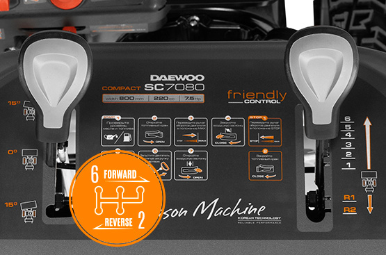 Система обеспечивает выбор скоростей: 6 скоростей вперед и 2 скорости назад, в зависимости от высоты снежного покрова. Простая и одновременно надежная система перемещения фрикционного диска для изменения скорости.